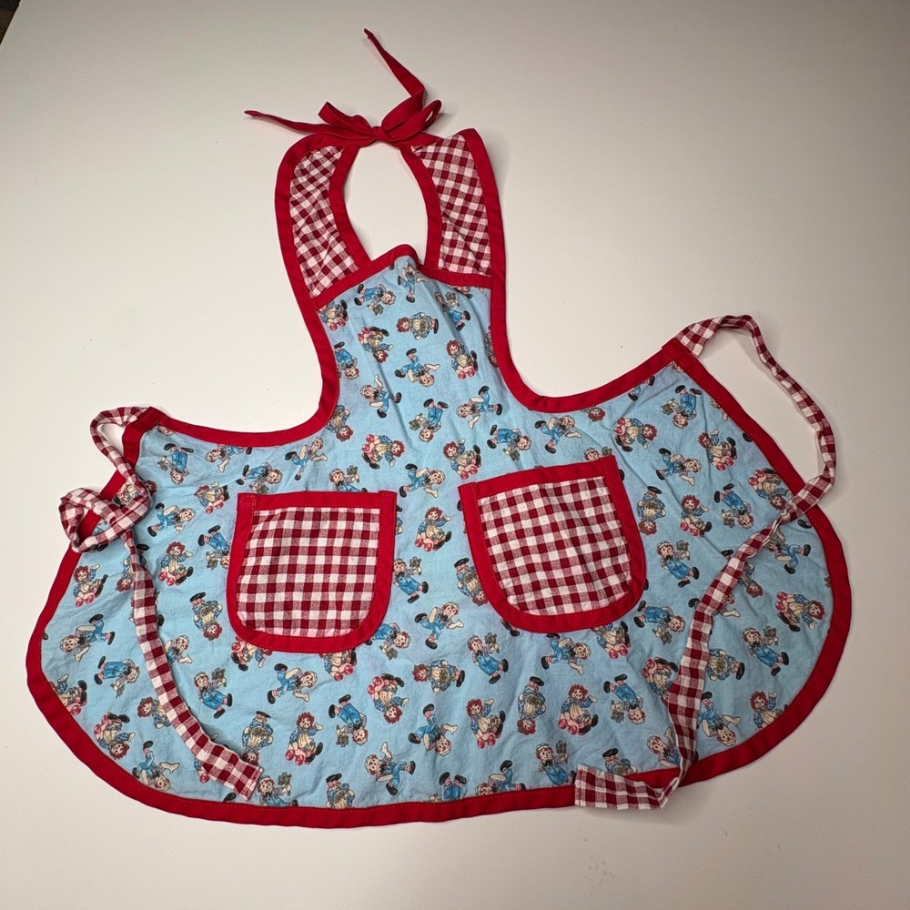 Vintage Handmade Raggedy Ann & Andy Kids Bib Apron Blue Red Gingham Pockets 70's